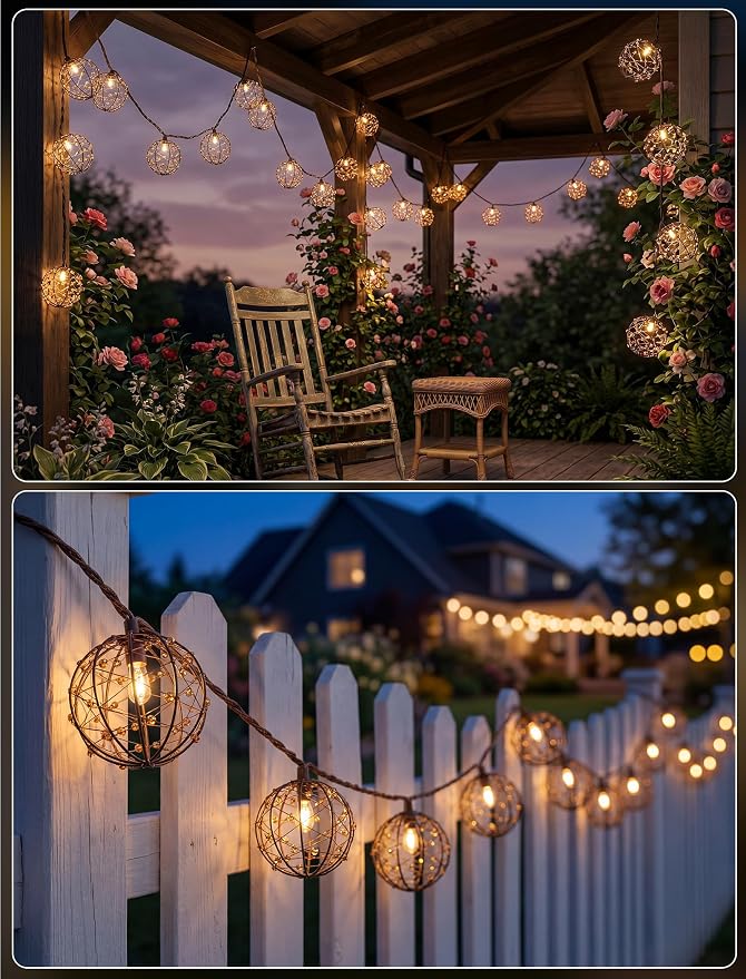 Abeja LED Outdoor Patio Lights, 8.5Ft Beaded Copper Wire Ball Style Lantern Lights with 12 Mini Bulbs, Connectable Boho Lantern String Lights for Yard Garden Bistro Campings Porch Party Backyard