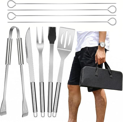 9-Piece Stainless Steel BBQ Tool Set with Carry Bag, Grill Utensils Kit with Spatula, Fork, Tongs, Knife, Skewers, Oil Brush for Outdoor Grill, Camping, Tailgating, Cookouts, BBQ Gifts