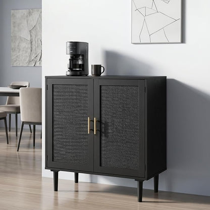 Finnhomy Sideboard Buffet Kitchen Storage Cabinet with Black Painted Rattan Decorated Doors, Dining Room, Hallway, Cupboard Console Table, Liquor/Accent Cabinet, 31.5X 15.8X 34.6 Inches, Black
