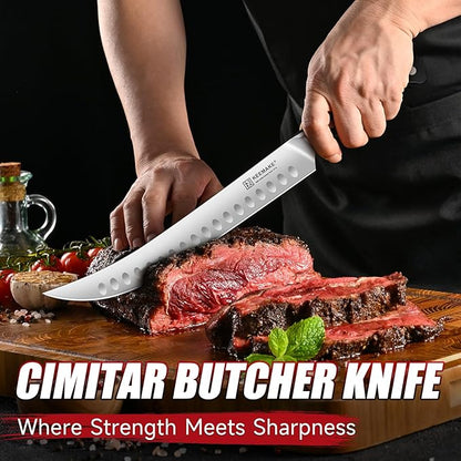 KEEMAKE Butcher Knife, 10‘’ Carving & Slicing Knife with Ergonomic Full Tang Handle, German High-Carbon Steel, Sheath Included, Razor Sharp for Meat, Roasts, BBQ, Turkey, Grilling Gifts for Men