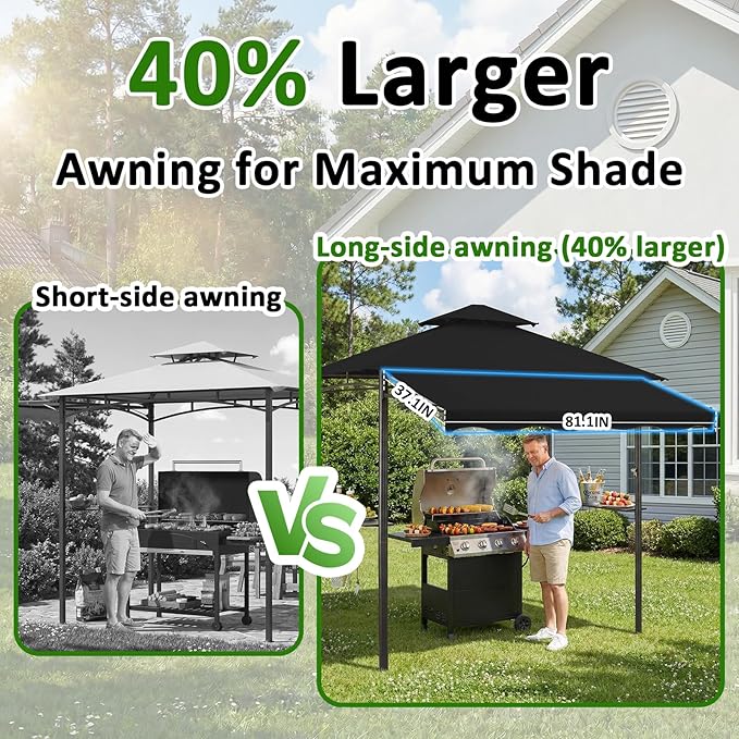 CHARMELEON 8x8 FT Grill Gazebo, Grill Canopy with Big Awning&2 Side Shelves&6 Hooks&Bottle Opener, Powder-Coated Steel BBQ Shelter for Patio Backyard Outdoor Grilling-Black