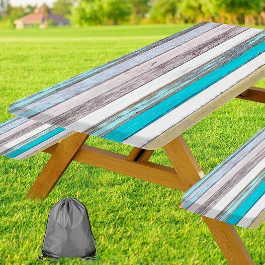 JAWO Rustic Farmhouse Country Wood Picnic Table Cover with Bench Covers, Camper RV Essentials Gear Supplies Outdoor Waterproof Windproof Tablecloth with Elastic, 30X72in