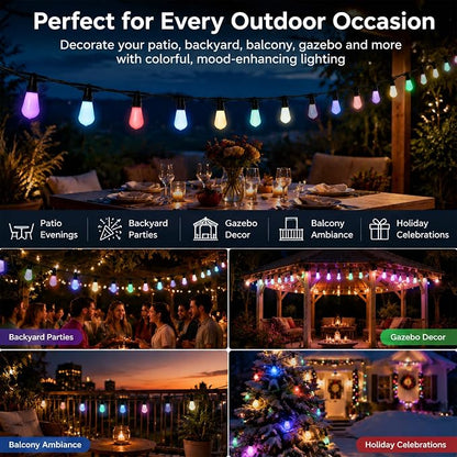 50FT Outdoor String Lights, 20 RGBW Patio Lights, App & Remote | 20 ST48 milk white bulbs with RGBW color changing light, timer and music sync for patio, porch, balcony, backyard decor