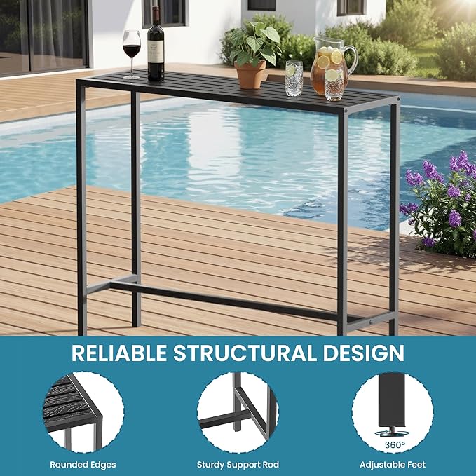 36" Outdoor Bar Height Table, Black Metal Frame with HDPE Top | Carbon steel frame, 400lbs Capacity. UV-Resistant, Easy Assembly, Adjustable Feet, for patio, hot tub, balcony, indoor