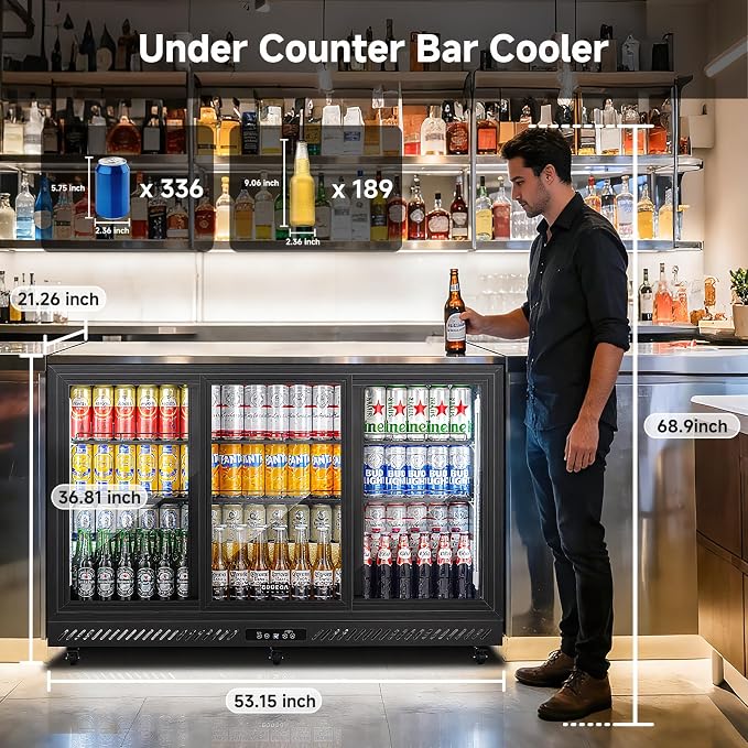 BODEGACOOLER 12 Cu.Ft Back Bar Cooler, 3 Sliding Glass Doors, 6 Castes | Commercial beverage refrigerator for beer and soda with Stainless Steel Top, 6 adjustable shelves, LED lighting, 32°F-50°F