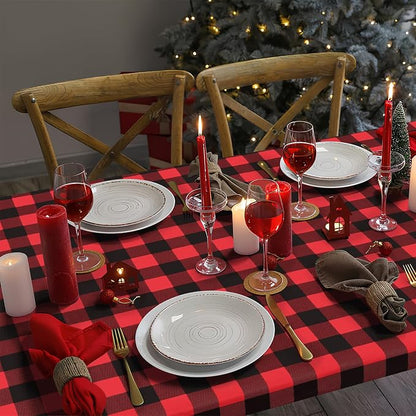 Buffalo Rectangle Picnic Tablecloth, 8 Foot Elastic Fitted Vinyl Table Cloth with Flannel Backing, Waterproof Plaid Table Covers for Dining, Camping, Outdoor (Black and Red, 30" x 96")