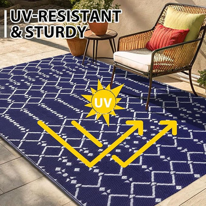 Smiry Outdoor Rug 5x8 ft Waterproof Reversible Boho Mat, Navy | Polypropylene Plastic Straw, Quick Drying, Lightweight Foldable, for Patio, Deck, RV Camping, Backyard and Indoor Outdoor Use