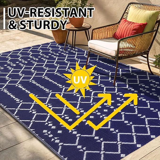 Smiry Outdoor Rug 8x10 ft Waterproof Reversible Boho Mat, Navy | Polypropylene Plastic Straw, Quick Drying, Lightweight Foldable, for Patio, Deck, RV Camping, Backyard and Indoor Outdoor Use