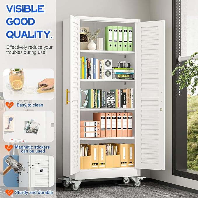 GAIOUS 71”H Metal Garage Storage Cabinet with Lock and Wheels, Metal Storage Cabinets with Louvered Door and 4 Adjustable Shelves, Rolling Tool Cabinet, Utility File Cabinet for Home Office, White