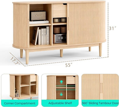 LINSY HOME 55" Sideboard Buffet Cabinet,Tambour Sliding Doors & Drawer | Oak Fluted Coffee Bar Cabinet with Large Storage, Mid Century Modern Wood Storage Buffet Table for Kitchen, Living Room