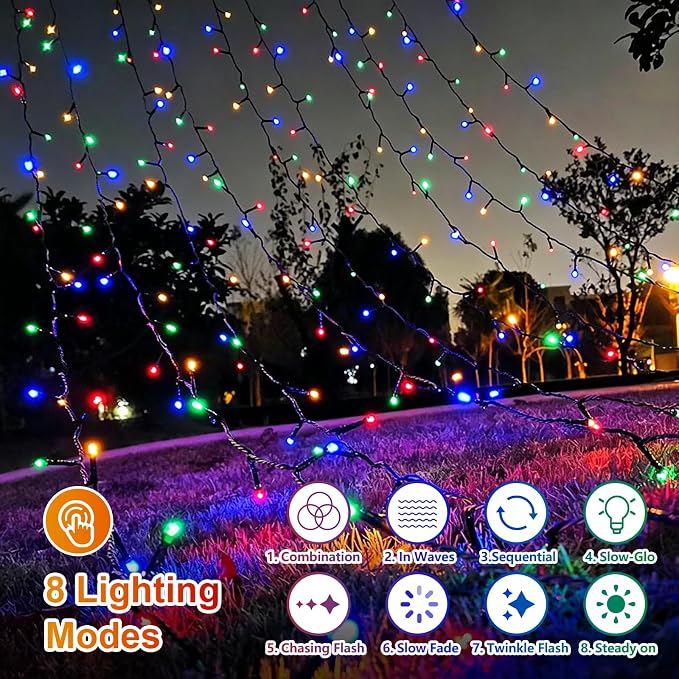 QITONG 2 Pack Multicolor Solar Christmas Lights, Each 33ft 100 LED String Lights Outdoor Waterproof, 8 Modes Green Wire Colored Solar Light for Outside Christmas Decorations