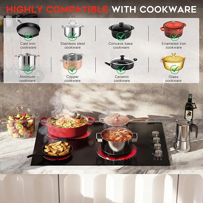 Electric Cooktop 30 Inch Hobsir, 4 Burner Electric Stove Top 6700W, Dual-Ring Burner & Oval Burner, 9 Power Level, 30 Inch Cook top with Safety Lock, Timer, Silver Knob