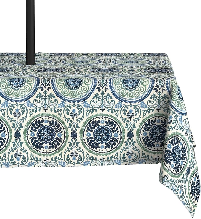LVTXIII Rectangle Outdoor Tablecloth with Umbrella Hole and Zipper, Water-Repellent 60 x 84 Inch Patio Table Cover for Picnic, Garden, Backyard Dining, Coastal Medallion