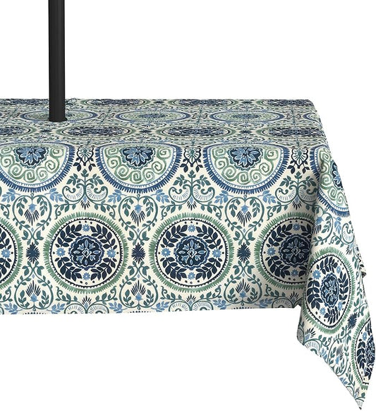 LVTXIII Rectangle Outdoor Tablecloth with Umbrella Hole and Zipper, Water-Repellent 60 x 84 Inch Patio Table Cover for Picnic, Garden, Backyard Dining, Coastal Medallion