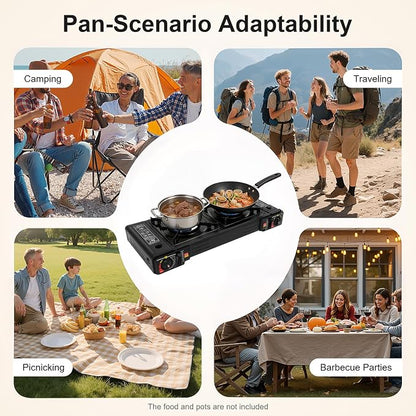 2-Burner Butane Stove, Portable Camping Stove with Grill Tray, Automatic Ignition, Outdoor Travel Camp Stove with Carry Case & Push-Button for Camping Tailgating and Outdoor Cooking