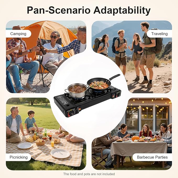 Portable Butane Camping Stove, 2 Burners Camping Stove with Non-sticking Coating Grill Tray & Storage Case, Piezoelectric Ignition Stove for Camping, Picnics, BBQ, LPG & Butane Compatibility