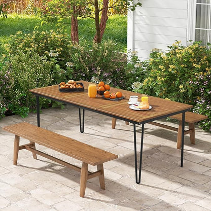 Tangkula 79 Inch Outdoor Dining Table for 8, Acacia Wood 8-Person Patio Table with 1.9 Inch Umbrella Hole, Metal Legs & Adjustable Foot Pads, Rectangular Outside Table for Garden, Poolside & Backyard