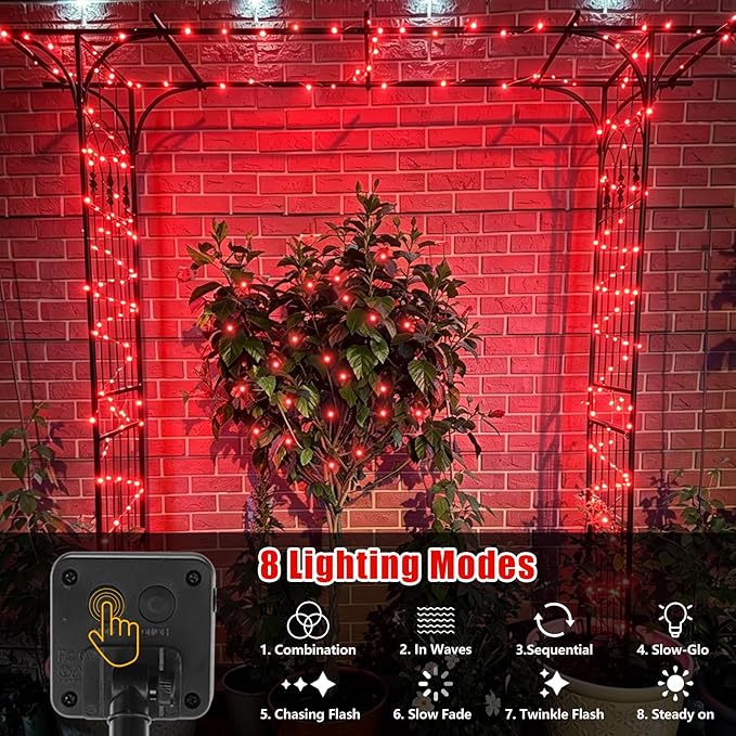 YEGUO 4 Pack Red Solar Fairy Lights, Each 33ft 100 LED Valentines Lights Outdoor Waterproof, 8 Modes Sliver Wire Solar Christmas String Lights