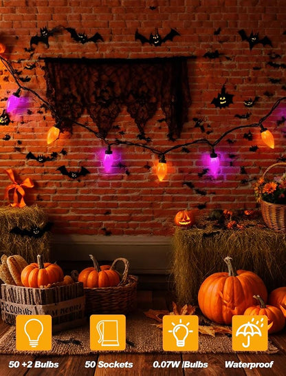 C9 Halloween String Lights Outdoor, 26.4Ft C9 Halloween Decorations with 50 LED Orange and Purple Lights, Extendable Hanging Plug in Christmas Night Lights for Party, Patio, Outside Yard, House Decor