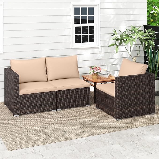 Tangkula 3 Seat Outdoor Wicker Sofa Set, Modular PE Rattan Patio Cushioned Sectional Couch Set, Outside Furniture Set for Deck, Backyard, Porch, Garden & Poolside (Brown-Beige)