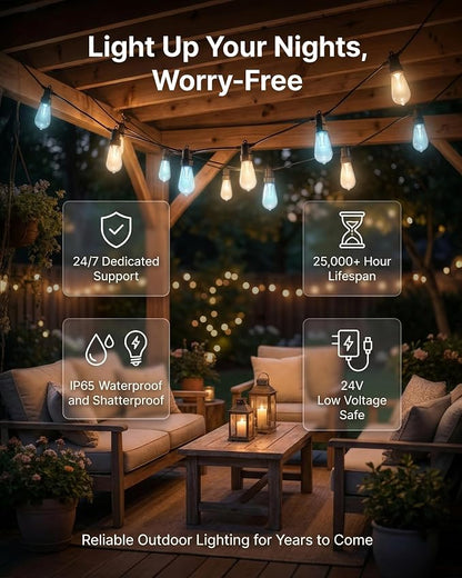 50FT Smart Outdoor String Lights, Color Changing ST48 Multi-color LED Patio Lights with Music Sync, LotusLamp X APP & Remote, IP65 Waterproof Shatterproof Outdoor Lights for Cafe Bistro Backyard