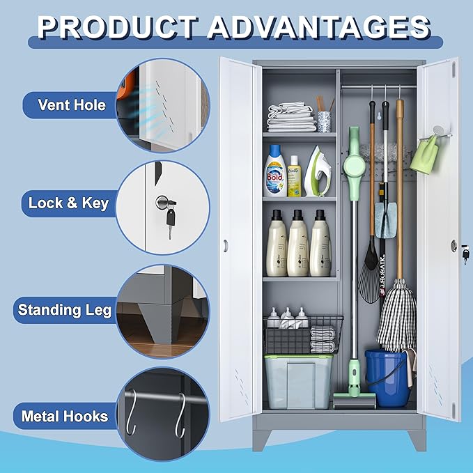 61" Broom Storage Cabinet, Cleaning Tool Storage Cabinet, Garage Utility Storage, Metal Broom Closet for Home, Garage, Utility Room, Hanging Rod (Gray White, Door-2)