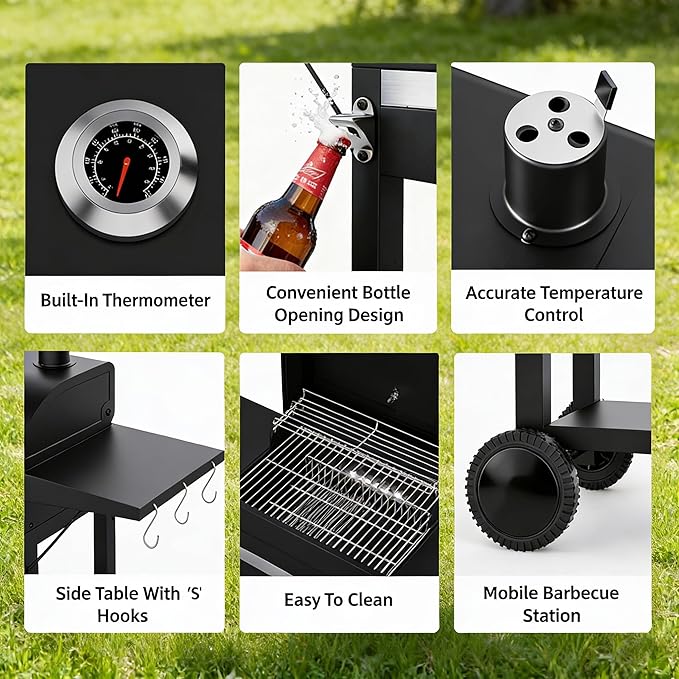 Charcoal Grills with Two Side Tables, 20-In Outdoor Smoker Barbecue Bbq Grill with 334 Sq. In Cooking Area for Camping, Patio,Backyard Party, Picnic, Black