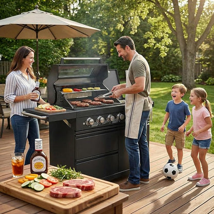 46" Outdoor Kitchen Island with Side Burner, 4-Burner 75,300 BTU Propane Gas BBQ Island with Rotisserie, Side Prep Shelf, Storage Drawers, LP/NG Convertible, for Backyard and Patio Cooking, Black