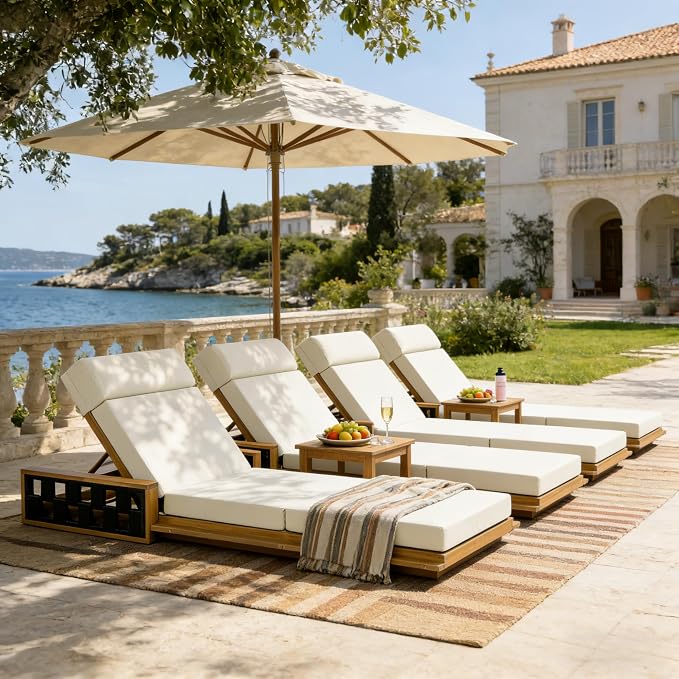 Merax Acacia Wood Patio Chaise Lounge Set of 4, Outdoor Reclining Chairs with 4-Position Adjustable Backrest, 4-Piece Sunbathing Recliner & 4" Thick Four-fold Cushion for Poolside, Garden, Beige