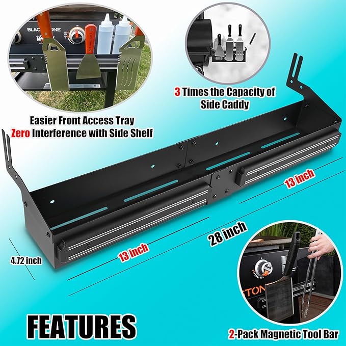 Front Griddle Caddy with 2-Pack Magnetic Tool Holder for Blackstone 28"/28XL Griddle, Large Capacity Utensil & Condiment Organizer for Mess-Free BBQ, Easy-Access Grill Caddy for Accessories Storage