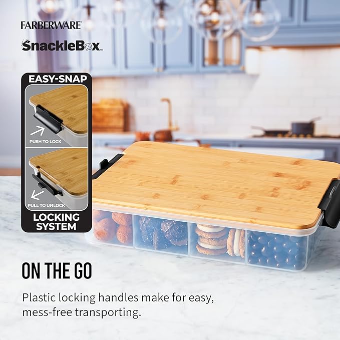 Farberware Build Snacklebox Serving Tray with Locking Bamboo Cutting Board Lid, Portable Storage Container with Compartments for Charcuterie, and More, Natural
