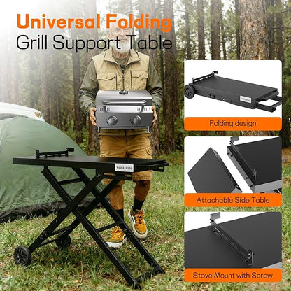 veralune Folding Grill Table, Outdoor Prep Table with 2 Wheels, Adjustable Height Portable Grill cart for Outdoor Cooking Camping BBQ Tailgating Picnicking