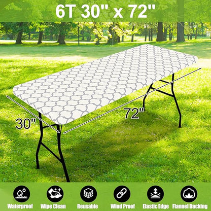 Smiry Picnic Fitted Table Cover, 6 Foot Flannel Backed Vinyl Tablecloth | Waterproof Elastic Stretch Table Cloth, Wipeable Plastic Tablecloth for Camping, Indoor & Outdoor (Beige, 30" x 72")