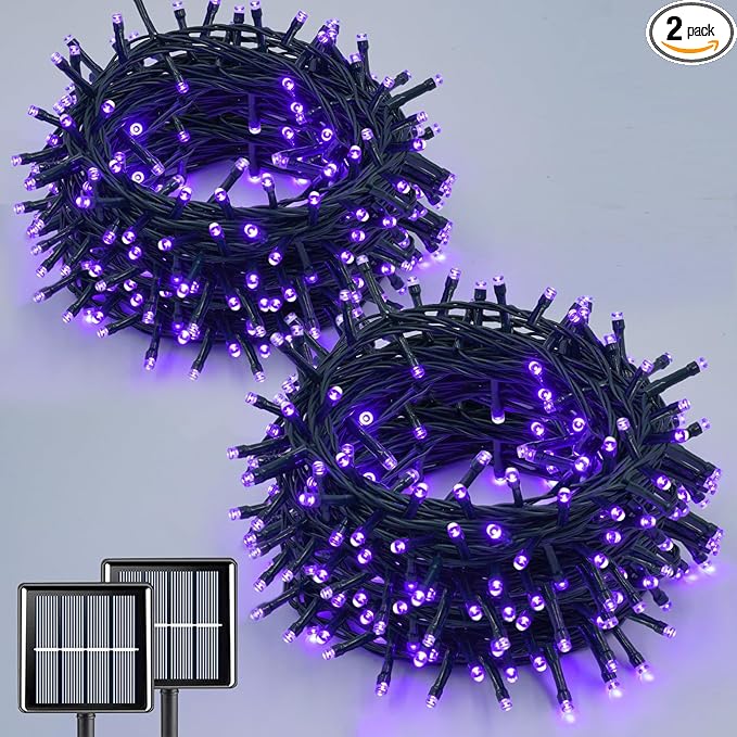 QITONG Purple Solar String Lights, 2 Pack Each 66ft 200 LED Christmas Fairy Lights Outdoor Waterproof, 8 Modes Green Wire Twinkle Lights for Outside