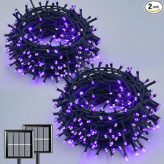 QITONG Purple Solar String Lights, 2 Pack Each 66ft 200 LED Christmas Fairy Lights Outdoor Waterproof, 8 Modes Green Wire Twinkle Lights for Outside
