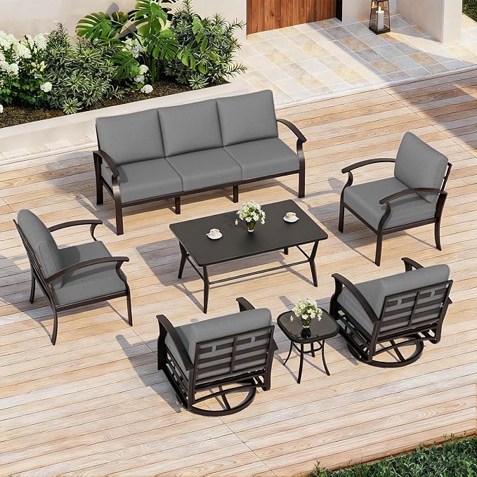 ALAULM Aluminum Patio Furniture Set with Coffee Table Rectangular, 7-seat Outdoor Sectional Furniture w/Swivel Chairs, Patio Conversation Set for Porch, Backyard, Poolside-Grey