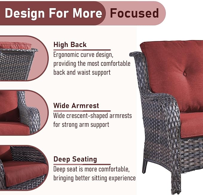 Outdoor Loveseat Sofa-2 Seater Rattan Wicker Patio Couch High Back Patio Sofa for Porch Deck Backyard-Brown/Red