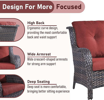 Outdoor Couch All Weather PE Wicker Patio Sofa Outdoor Sofa Deep Seating for Porch Deck Backyard-Brown/Red