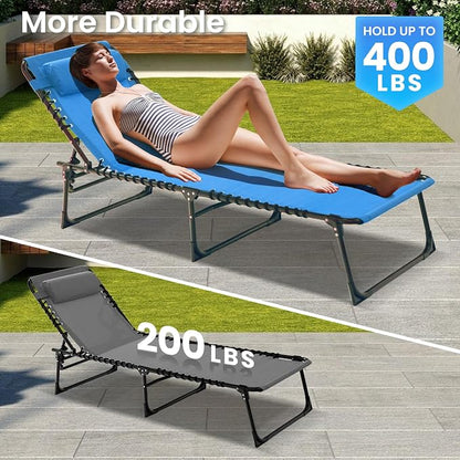 2 Pack Outdoor Folding Chaise Lounge 5-Position Adjustable Recliner 400LB Heavy Duty Portable Patio Camping Beach Chair, Blue
