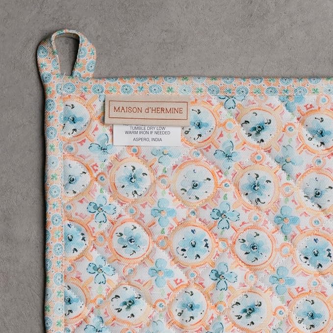Maison d' Hermine 100% Cotton Oven Mitt & Pot Holder Set (7.5"x13" & 8"x8") Heat Resistant BBQ Cooking Gloves with Loop Baking Grilling Kitchen Hotel Home Farmhouse Spring Summer(Summer Whisper)