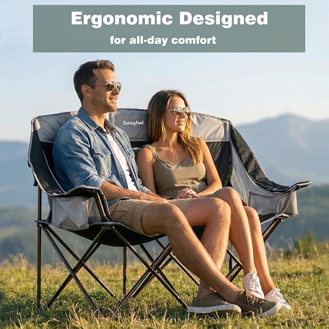 SUNNYFEEL Double Camping Chair Oversized Loveseat for Adults | 600LBS Heavy Duty Padded Camping Couch with Cup Holder, Cooler, Storage Pockets & Carry Bag for Outdoor/ Lawn/ Backyard