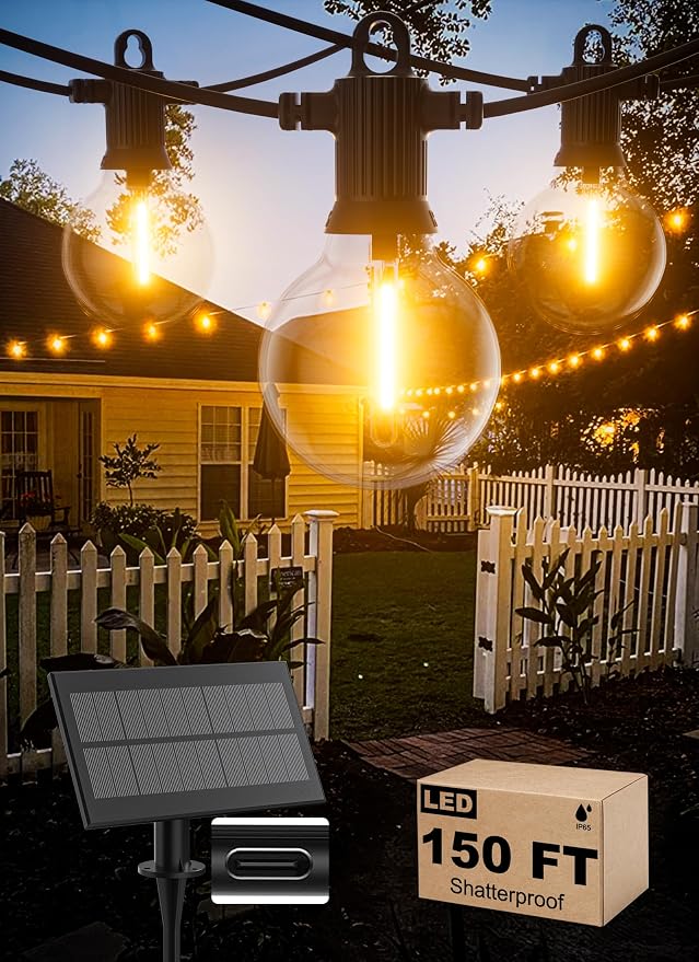 Zuske Solar String Lights Outdoor Waterproof 150FT with USB Port and 73 Shatterproof G40 Bulbs(3 Spare), LED Solar Powered Patio Lights for Outside, Porch, Backyard, Gazebo, Garden(Warm White)