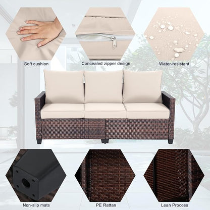 3-Seat Outdoor Sofa, PE Rattan, Beige | High Back Support,Deep Seat Comfort,All-Weather Cushions,For Patio/Garden/Deck,Modern Style