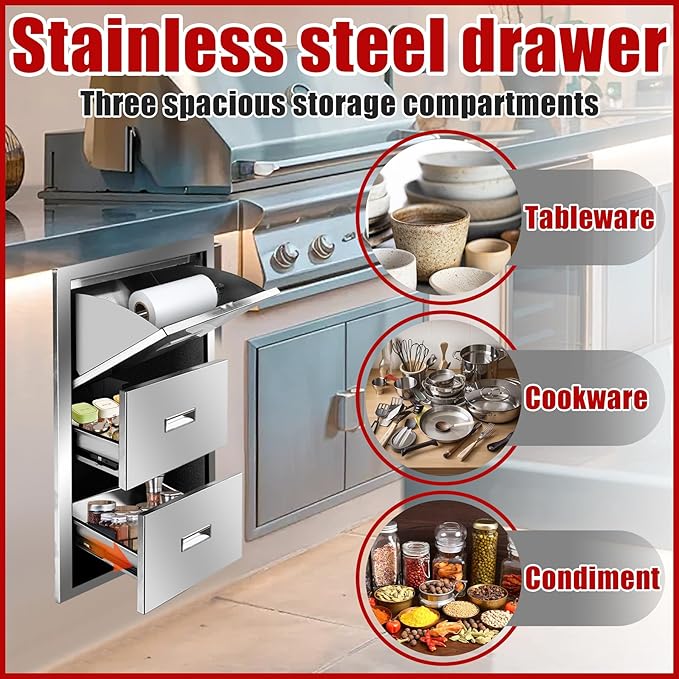 Outdoor Kitchen Triple Drawers 17'' W x 30'' H x 21'' D Stainless Steel BBQ Island Drawers with Handle Enclosed Built-in Flush Mount Drawer for Outdoor Kitchen Island Patio Grill Station