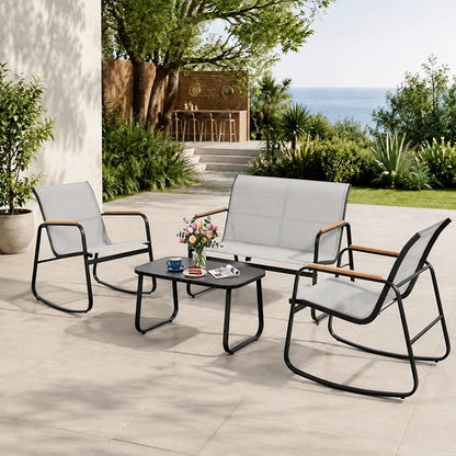 DWVO 4-Piece Rocking Patio Furniture Set, Textilene Conversation Set, Grey | Heavy-duty Patio Set w/Breathable Fabric, Smooth Rocking, Wooden Armrest, Tempered Glass Table, Easy Assembly and Cleaning