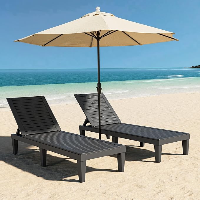 Outdoor Lounge Chairs Set of 2, 5-Position Adjustable Tanning Chairs with Wood Grain, All-Weather Resin Patio Recliners for Pool, Garden, Deck, Beach, Patio Lounge Chairs, Texture Black