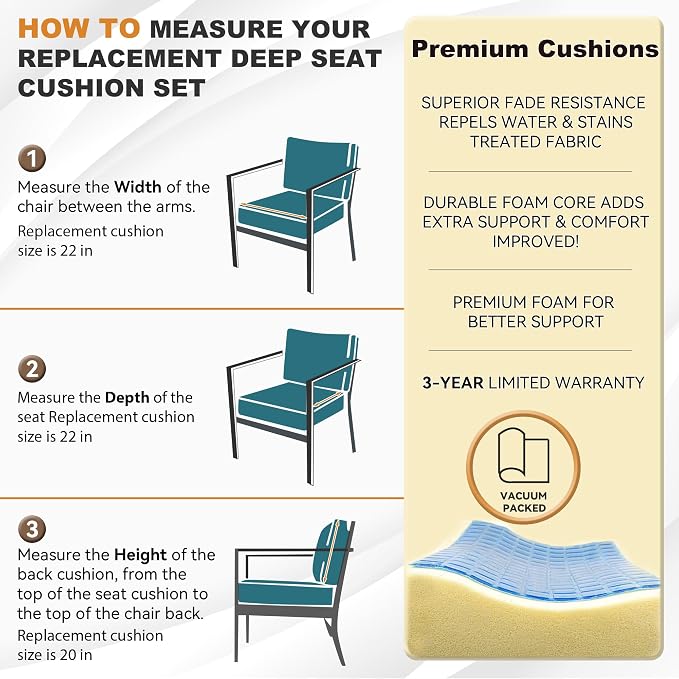 Deep Seat Patio Cushions Set 22 x 22 Inch,Olefin Fabric Outdoor Seat Cushion,Patio Furniture Cushions with Removable Cover,Rain-Proof and Fade Resistant Deep Seat Bottom & Back Cushion,1set