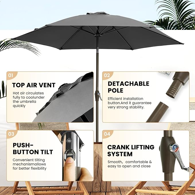 Ayge 7.5FT Large Outdoor Patio Umbrella Market Table Umbrella-UV Resistant, Easy Push Button Tilt and Crank, 6 Sturdy Fiberglass Ribs Heavy-Duty Pool Umbrella for Deck, Backyard,Garden, Yard,Grey