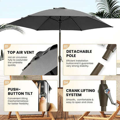 Ayge 7.5FT Large Outdoor Patio Umbrella Market Table Umbrella-UV Resistant, Easy Push Button Tilt and Crank, 6 Sturdy Fiberglass Ribs Heavy-Duty Pool Umbrella for Deck, Backyard,Garden, Yard,Grey