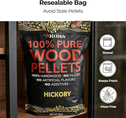 Kona 100% Hickory Smoker Pellets, Intended for Ninja Woodfire Outdoor Grill, 8 lb Resealable Bags